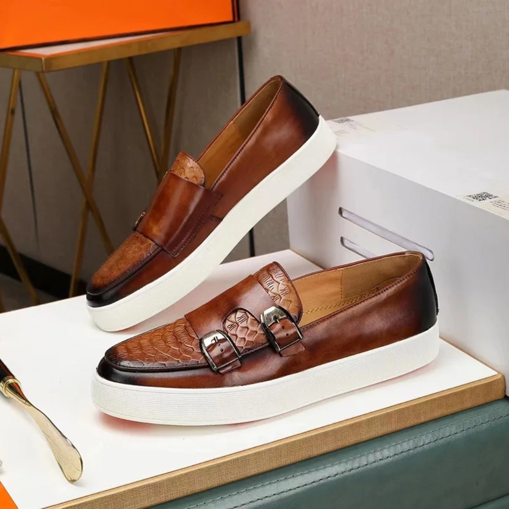 Premium Leather Loafers with Embossed Detailing & Double Buckle